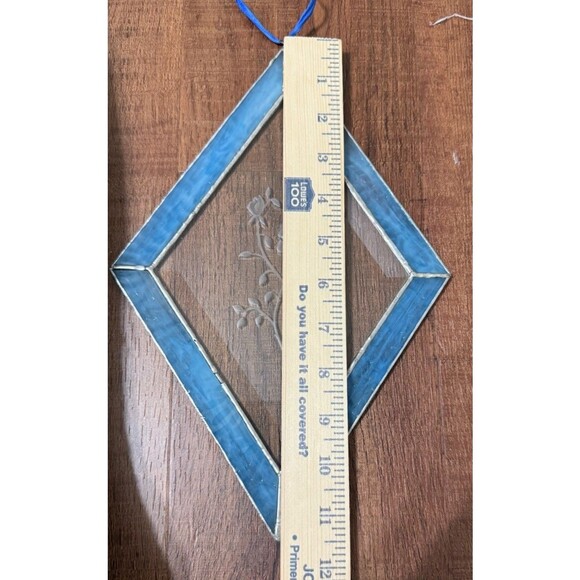 Diamond Shaped Stained Glass Hand Made Window Hanging Blue Etched Rose 11.5x7.5” - Picture 10 of 11